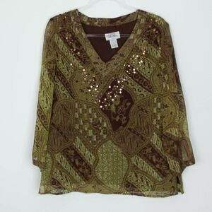 Bob Mackie Womens Art To Wear Silk V Neck Sequin Top Size 14 3/4 Sleeve Office